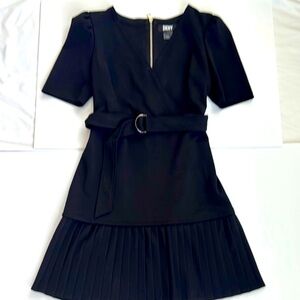 DKNY Black Sheath Dress with Puff Sleeves and Crew Neck